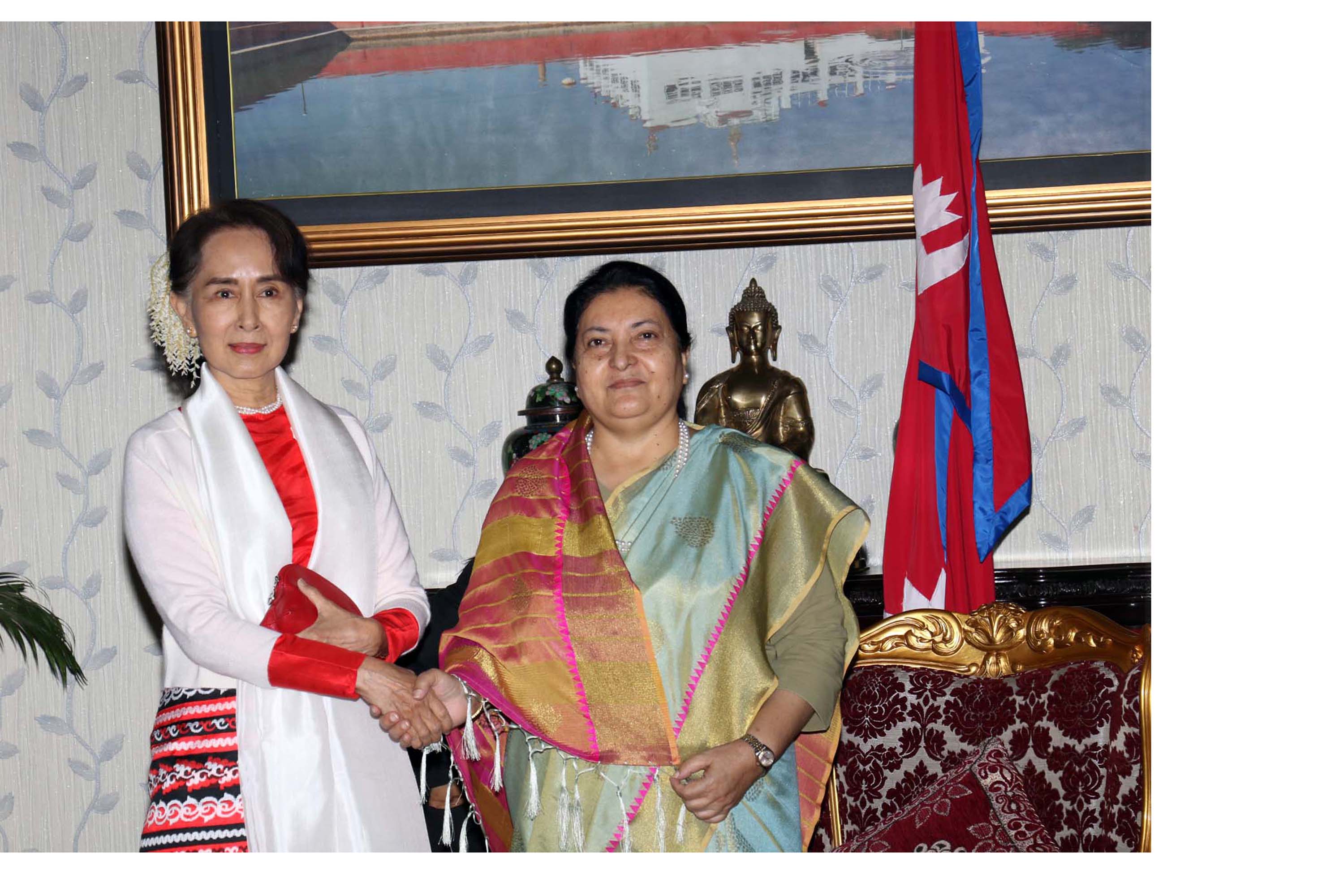 Visiting Myanmar State Counsellor Suu Kyi meets with President Bhandari