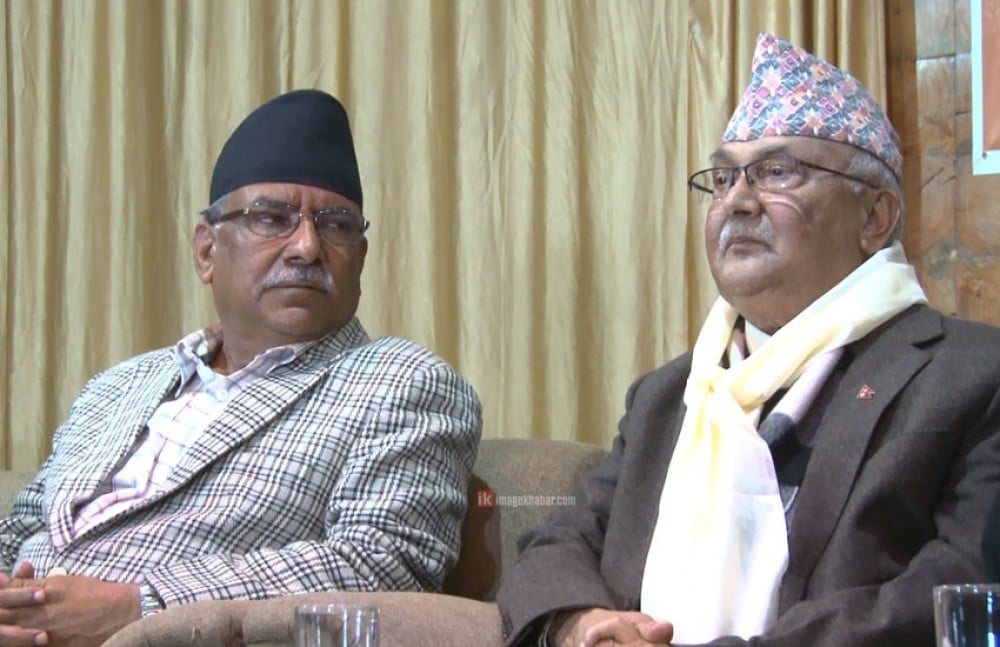 Chair Dahal meets PM Oli, takes stock of PM's health status