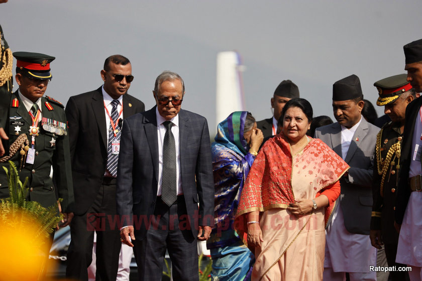 President Bhandari welcomes her Bangladeshi counterpart at TIA