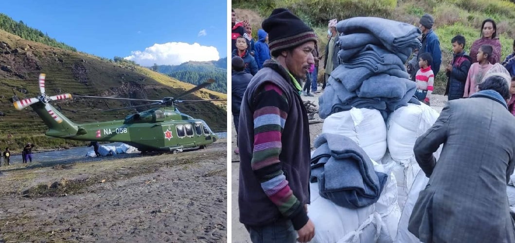 कर्णाली राजमार्ग अवरुद्ध भएपछि जुम्लामा हेलिकोप्टरबाट राहत सामग्री वितरण