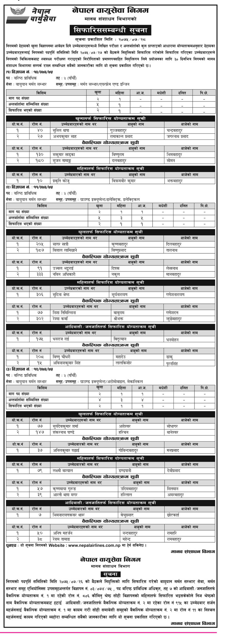 नेपाल वायुसेवा निगममा यी उम्मेदवारको जागिर पक्का (नामावलीसहित)