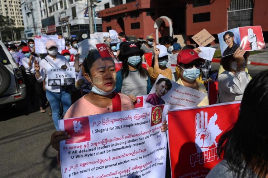 Myanmar anti-coup protesters march again as US sanctions generals