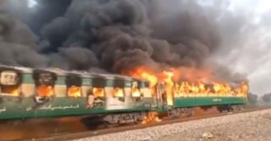 Over 60 killed as fire engulfs passenger train in east Pakistan