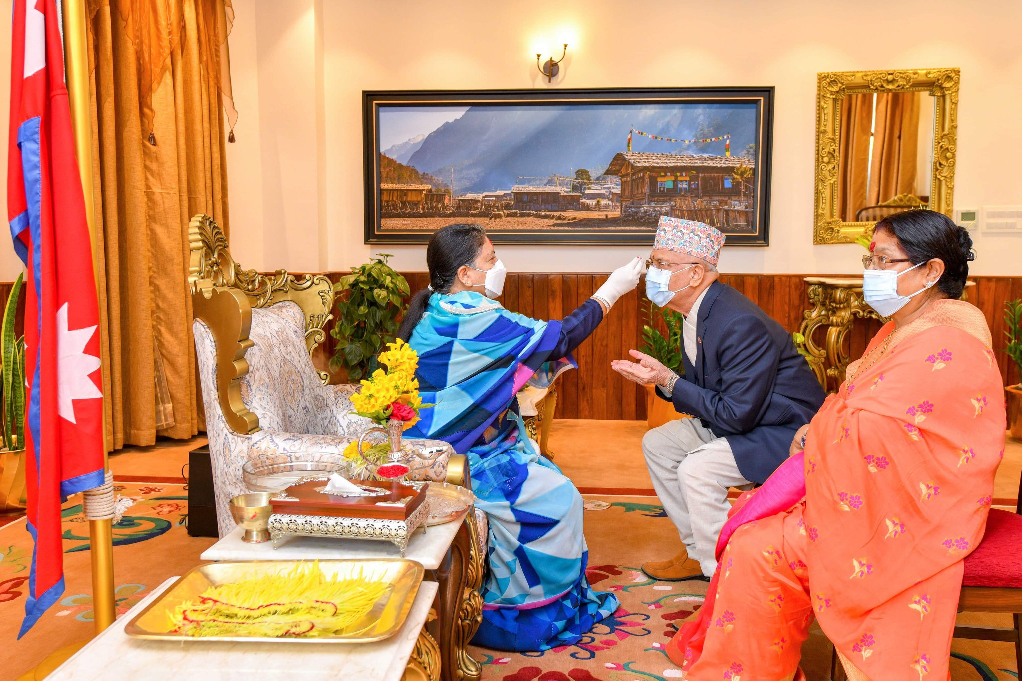 President Bhandari offers Dashain Tika to Prime Minister Oli