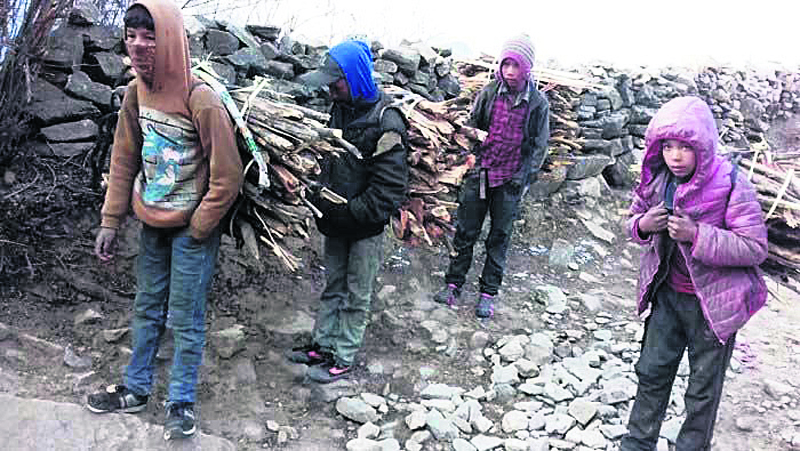 Humla children selling firewood amidst snow to supplement family income